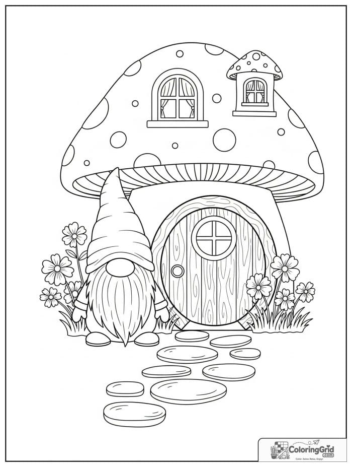 Gnome Coloring Pages showing a gnome near a mushroom house door.
