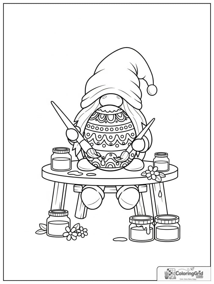 Gnome Coloring Pages showing a gnome painting a large egg.