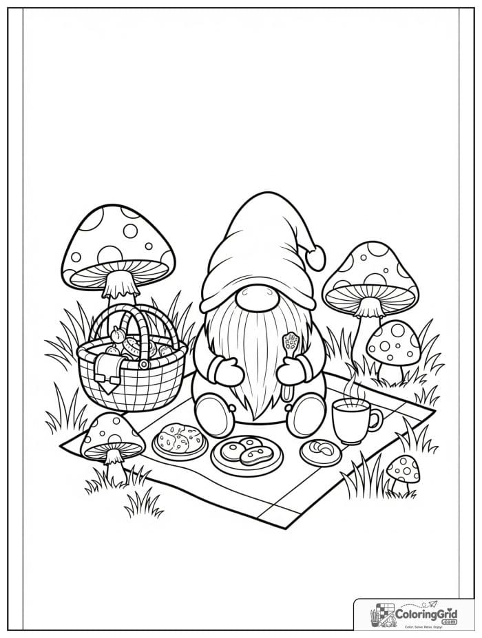 Gnome Coloring Pages showing a gnome having a picnic with mushrooms nearby.
