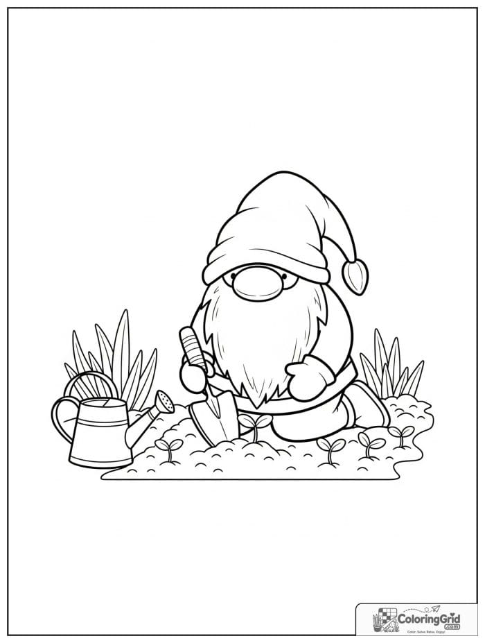 Gnome Coloring Pages featuring a gnome planting seedlings.