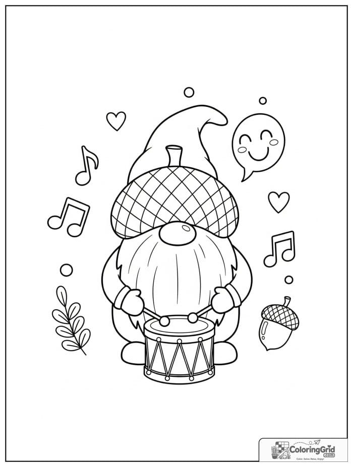 Gnome Coloring Pages featuring a gnome playing an acorn drum.