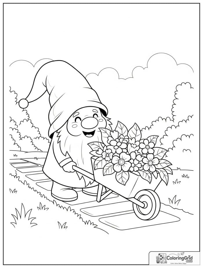 Gnome Coloring Pages featuring a gnome pushing a wheelbarrow.