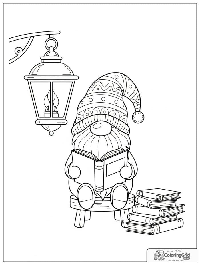 Gnome Coloring Pages showing a gnome reading a book under a lantern.
