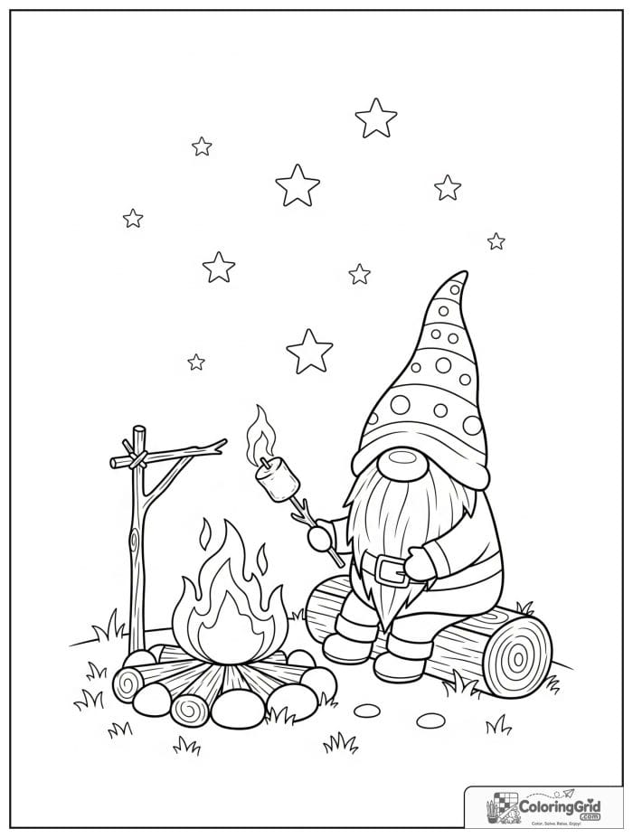 Gnome Coloring Pages showing a camping gnome roasting a marshmallow.