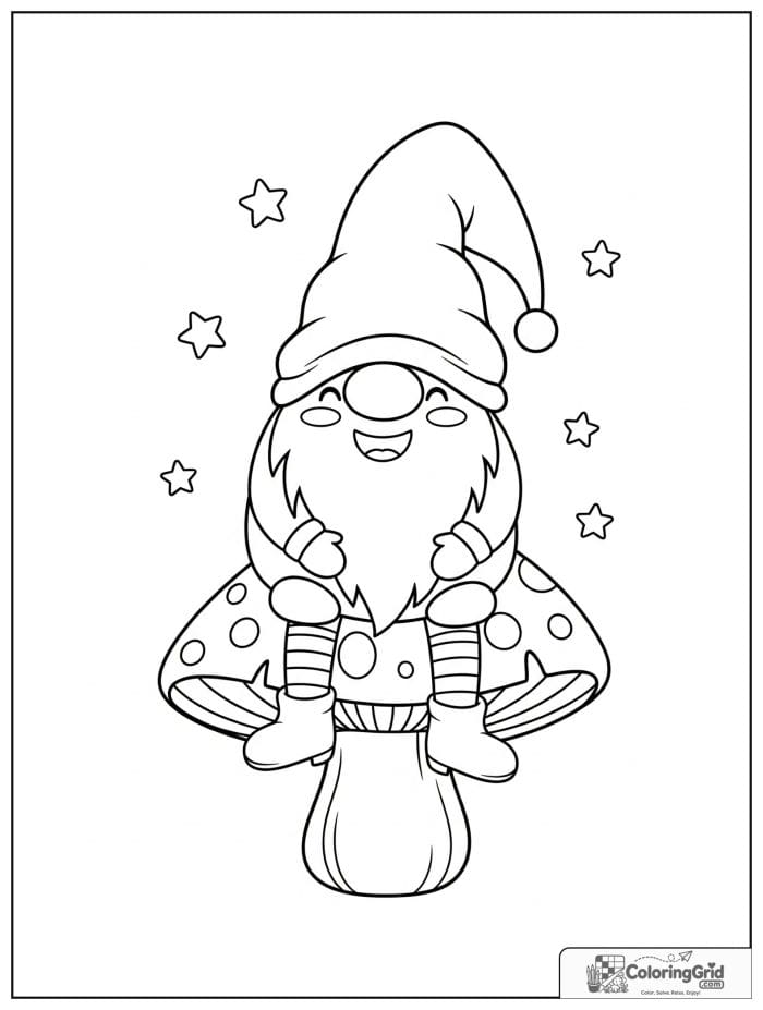 Gnome Coloring Pages featuring a gnome sitting on a toadstool.