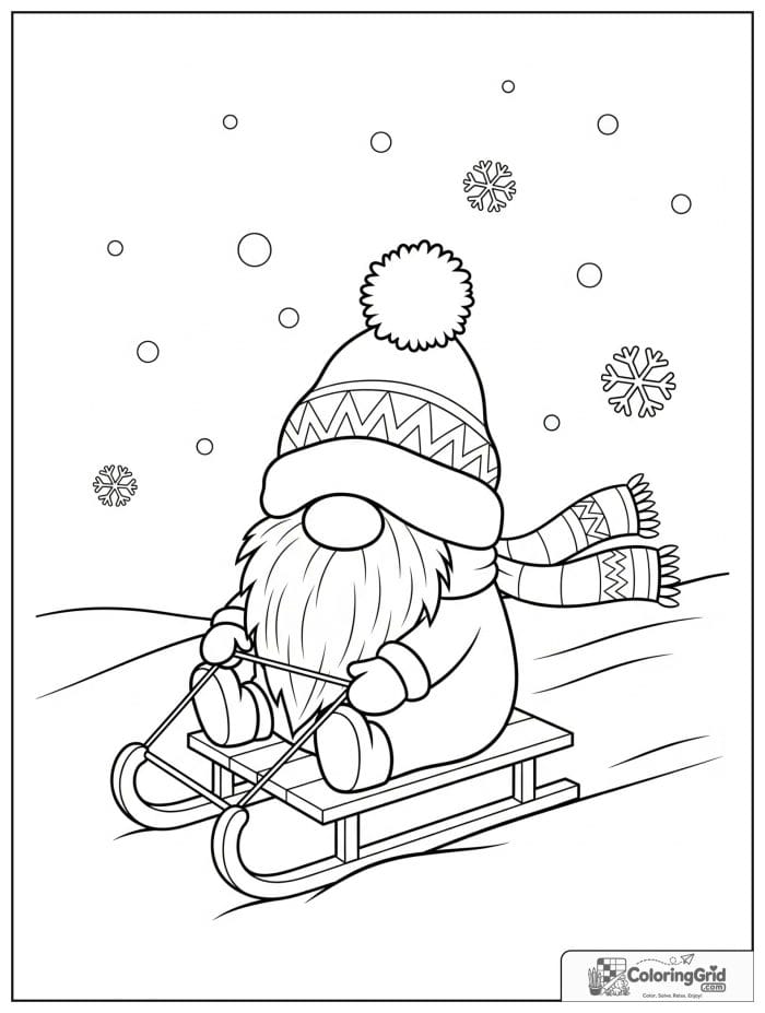 Gnome Coloring Pages featuring a winter gnome sledding on snow.