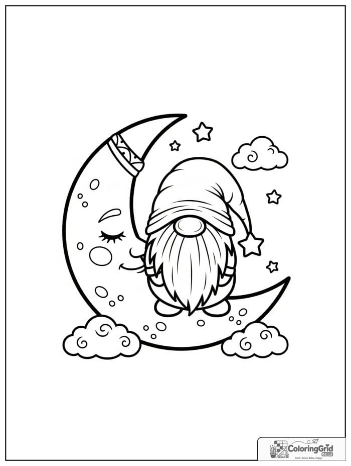 Gnome Coloring Pages showing a gnome sleeping on a crescent moon.