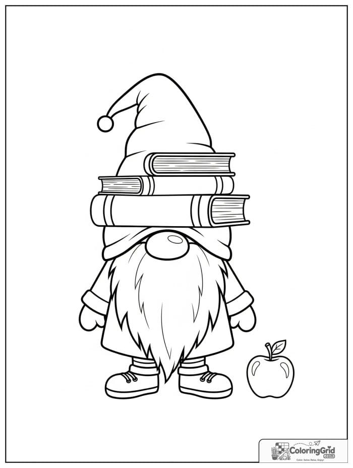 Gnome Coloring Pages featuring a gnome stacking books and an apple.