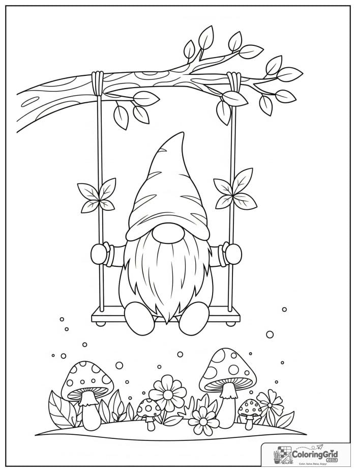 Gnome Coloring Pages showing a gnome swinging from a tree branch.