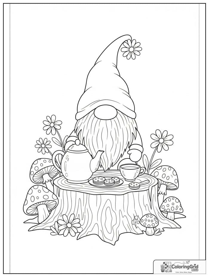 Gnome Coloring Pages featuring a gnome having a tea party on a stump.