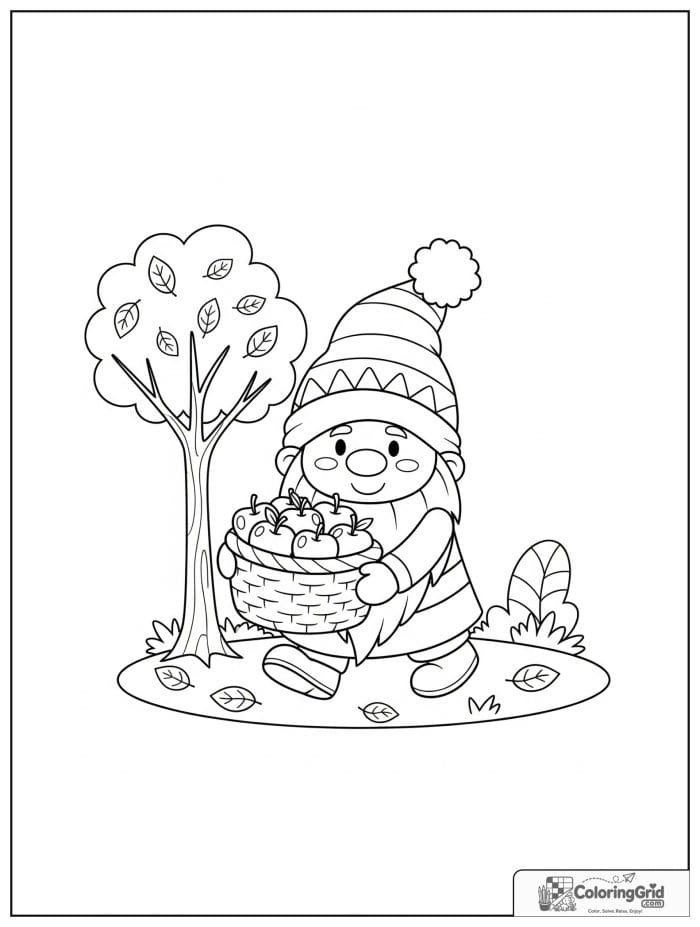 Gnome Coloring Pages showing a gnome with an apple basket.