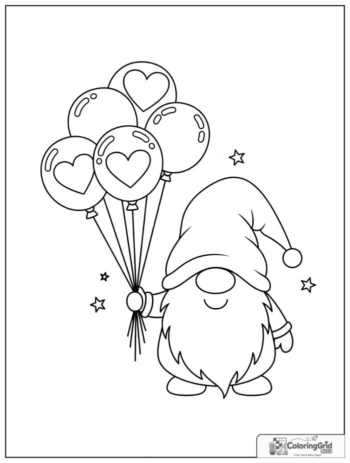 Gnome Coloring Pages featuring a gnome holding a balloon bouquet.