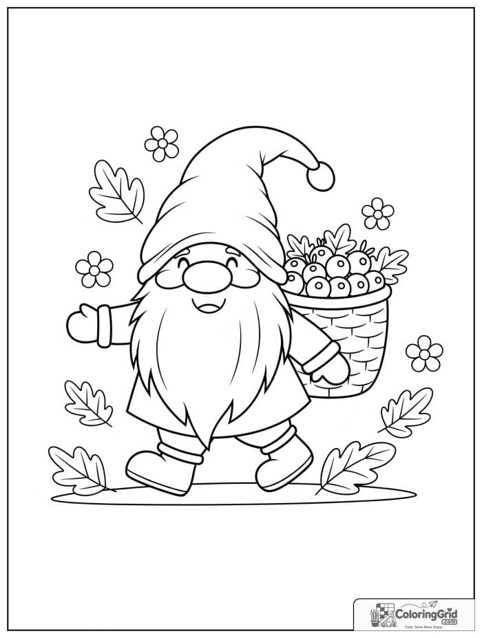 Gnome Coloring Pages featuring a gnome with a berry basket.