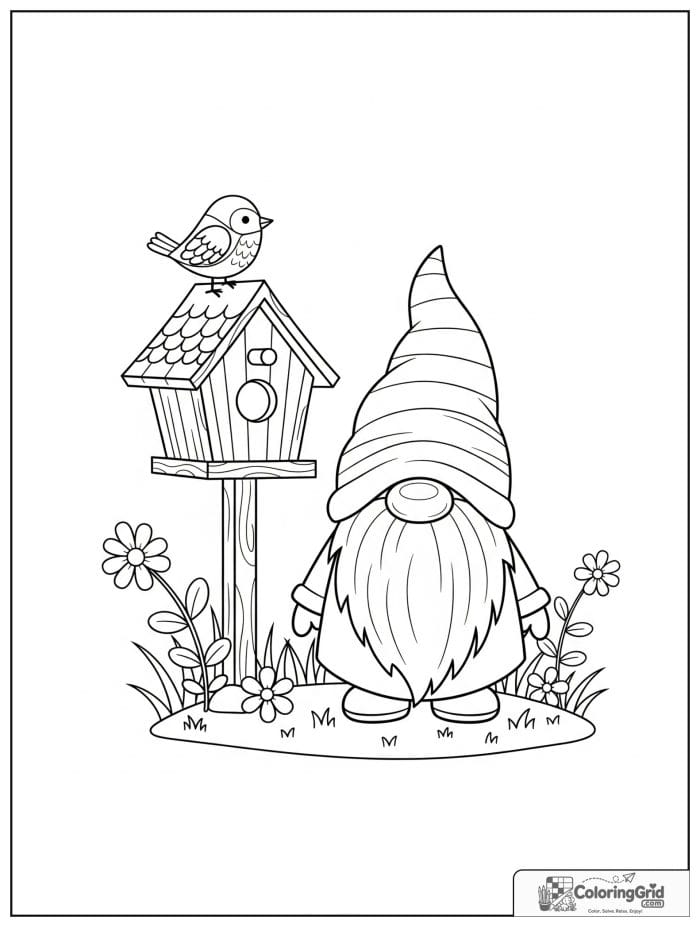 Gnome Coloring Pages showing a gnome with a birdhouse.