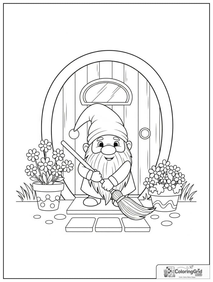 Gnome Coloring Pages featuring a gnome with a broom at a doorstep.