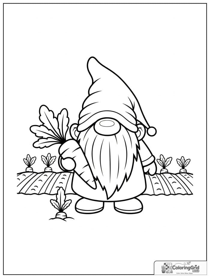 Gnome Coloring Pages featuring a gnome with a carrot patch.