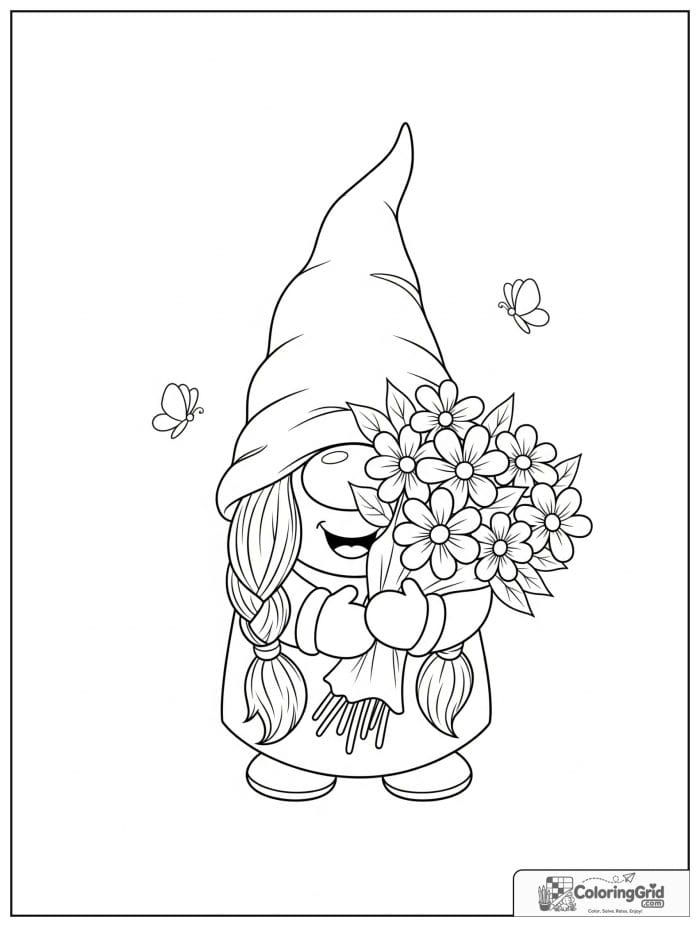 Gnome Coloring Pages featuring a gnome with a flower bouquet.
