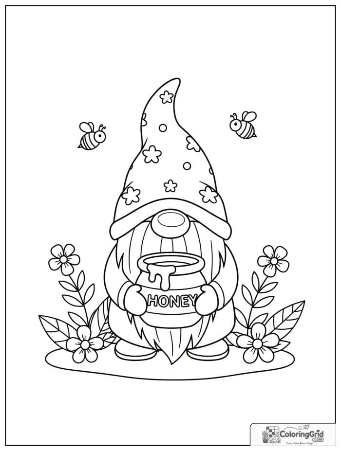 Gnome Coloring Pages showing a gnome with a honey pot and bees.