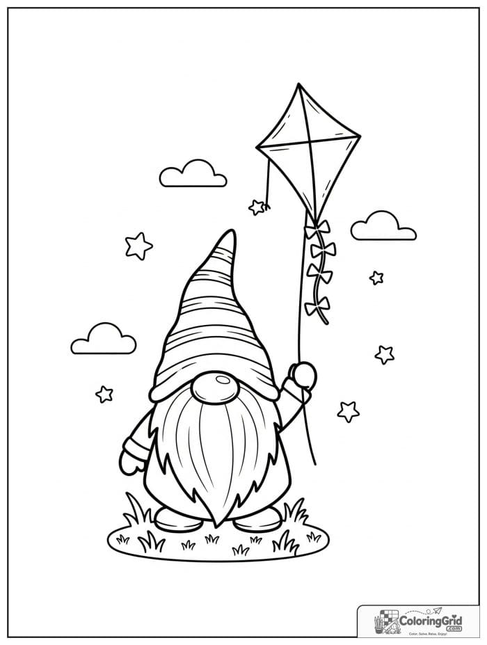 Gnome Coloring Pages showing a gnome flying a kite.