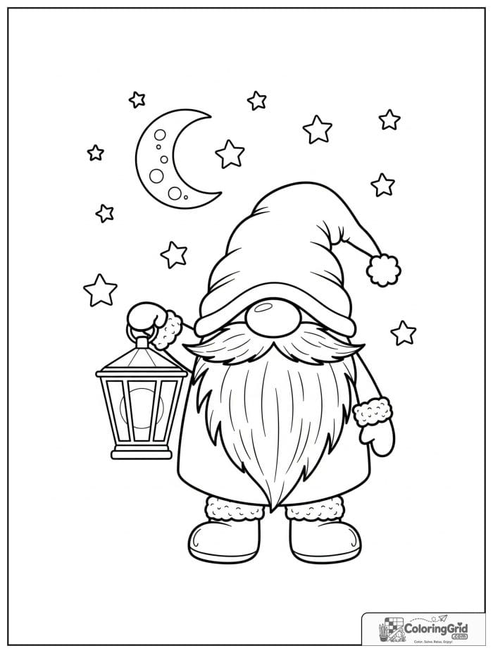 Gnome Coloring Pages featuring a gnome with a lantern and stars.