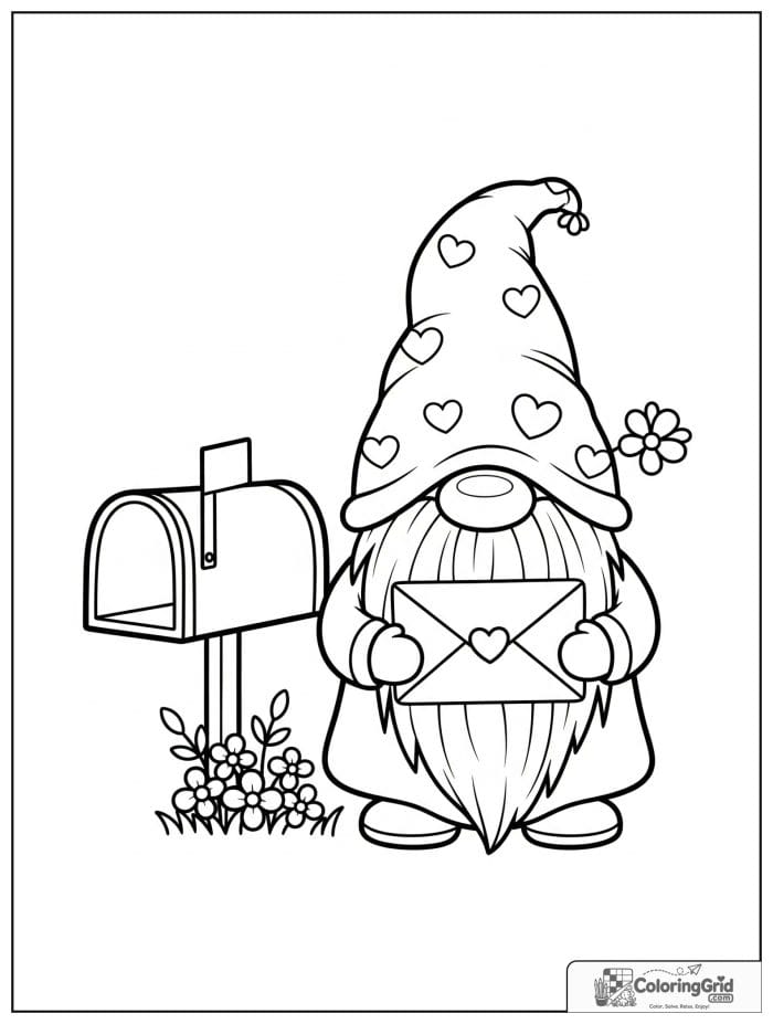 Gnome Coloring Pages featuring a gnome with a mailbox and letter.