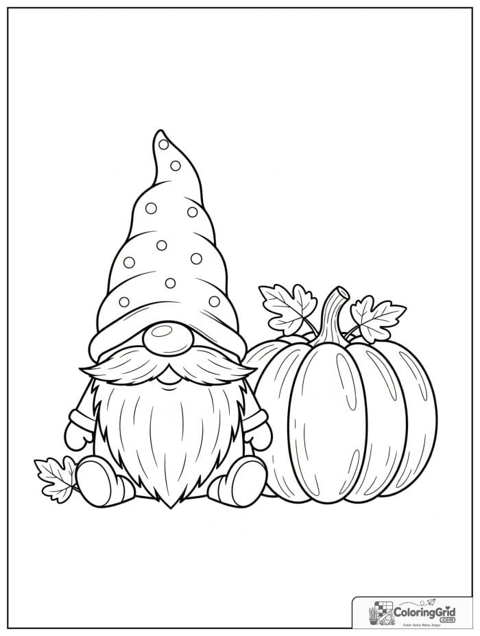 Gnome Coloring Pages featuring a gnome with a pumpkin.