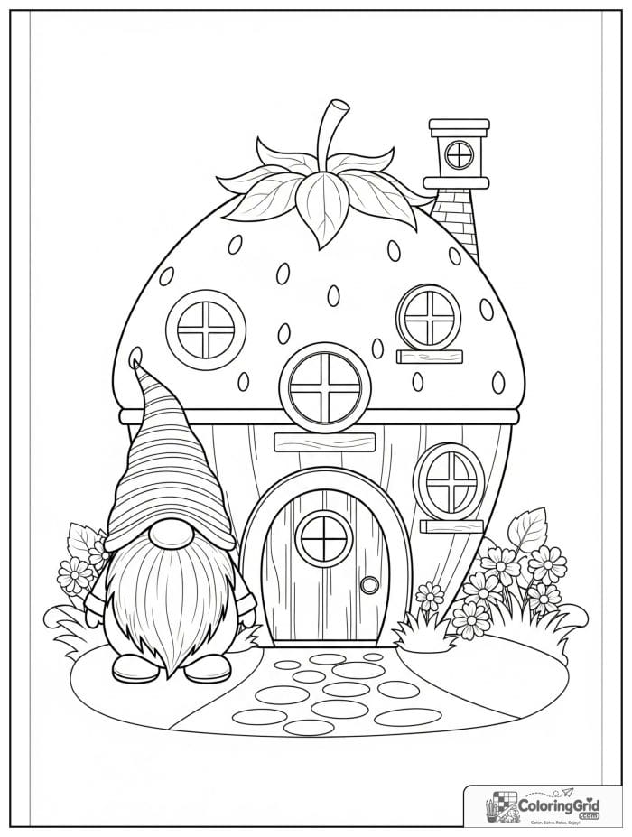 Gnome Coloring Pages showing a gnome with a strawberry house.