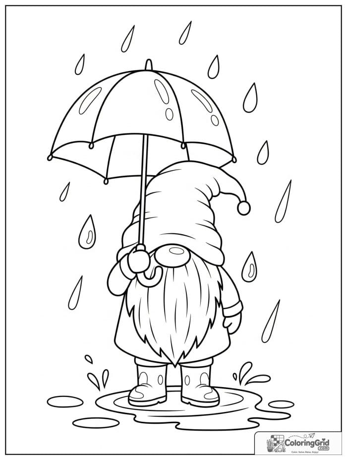 Gnome Coloring Pages featuring a gnome with an umbrella in the rain.