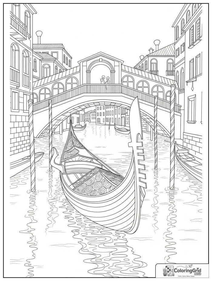 Boat coloring page featuring a gondola on a canal.