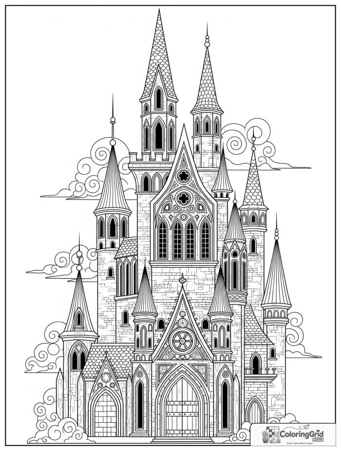 Castle coloring page featuring a gothic-inspired castle.