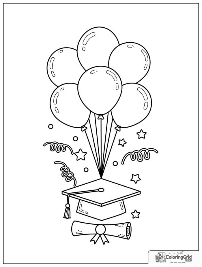 Graduation balloons floating above a cap and diploma.