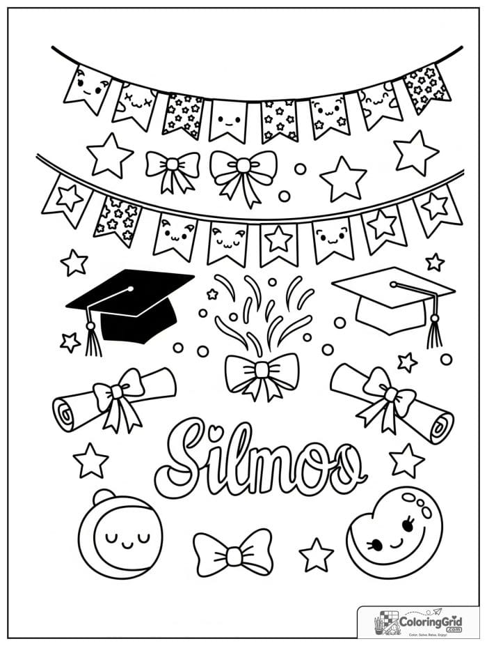 Festive graduation banner with caps and diplomas.