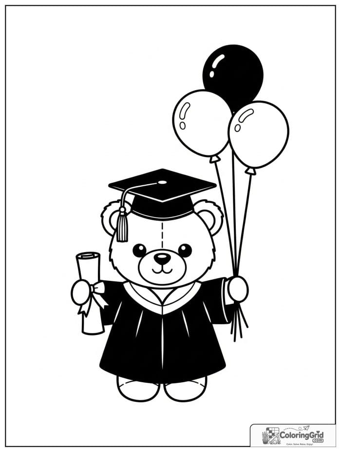 Cute teddy bear graduate with balloons and diploma.