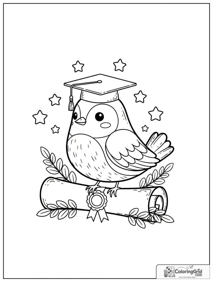 Cute bird wearing a graduation cap on a diploma.
