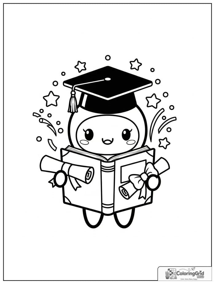 Happy book character wearing a graduation cap.