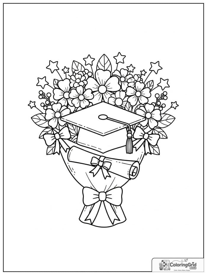 Bouquet arranged with a graduation cap and diploma.