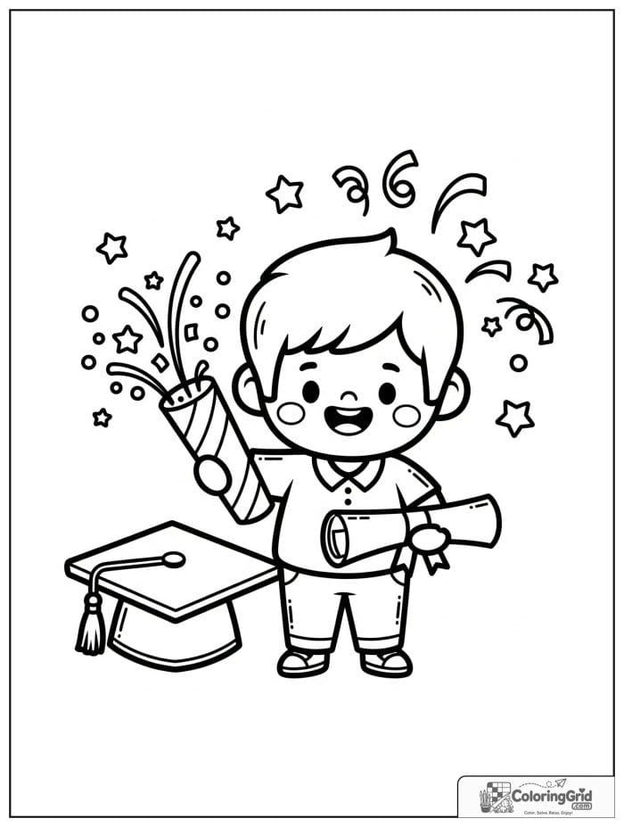 Graduate boy with confetti cannon and diploma.