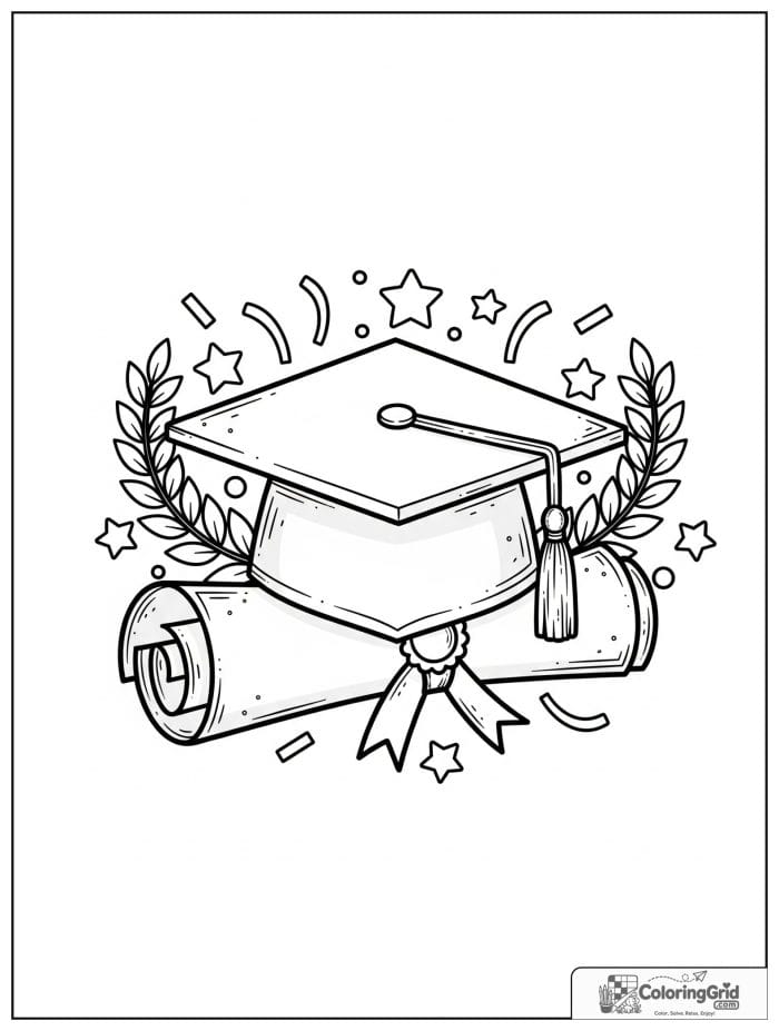 Graduation cap and diploma with decorative stars and leaves.