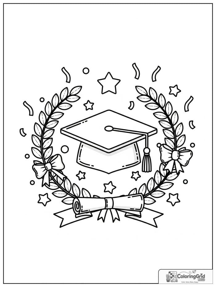 Graduation cap inside a laurel wreath.