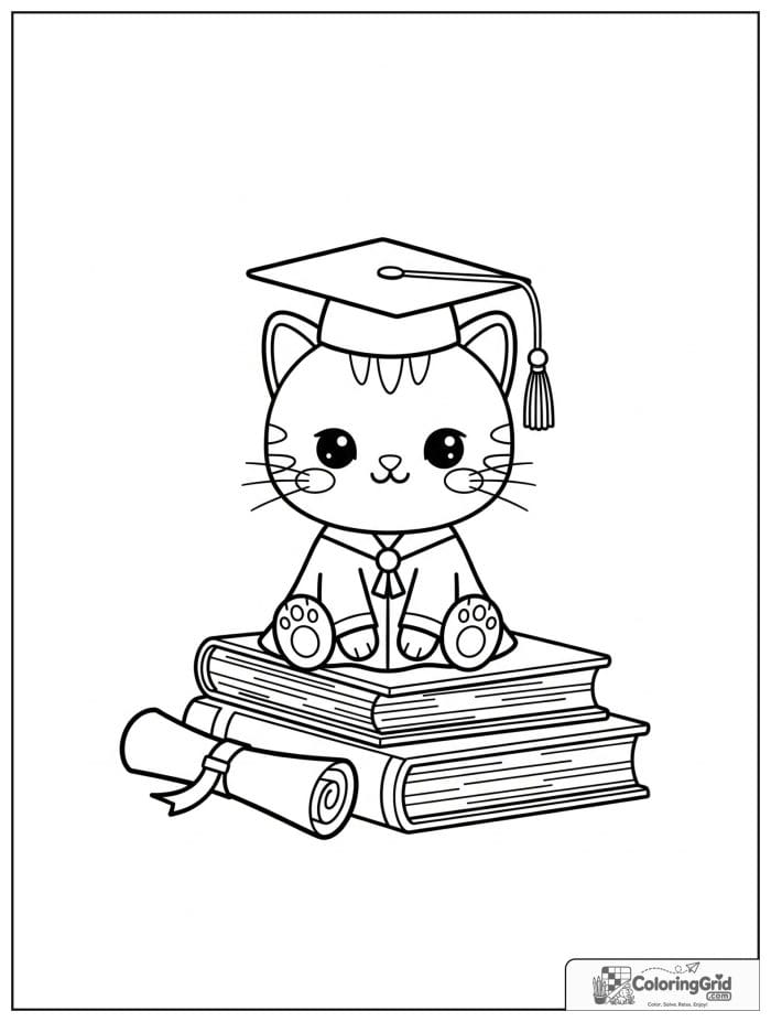 Cute cat graduate sitting on books.