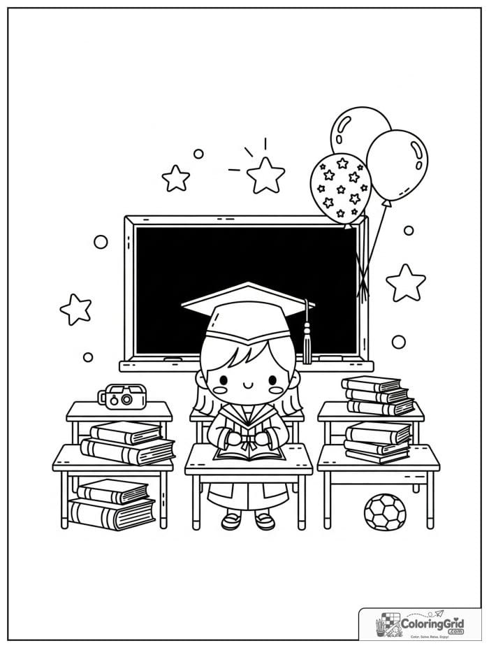 Classroom graduation scene with student and decorations.