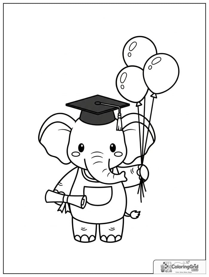 Cute elephant graduate with balloons and diploma.