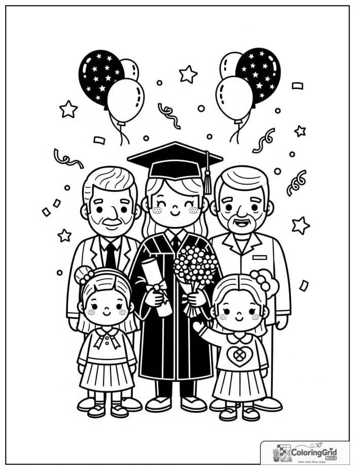 Graduate standing with family for a celebration photo.