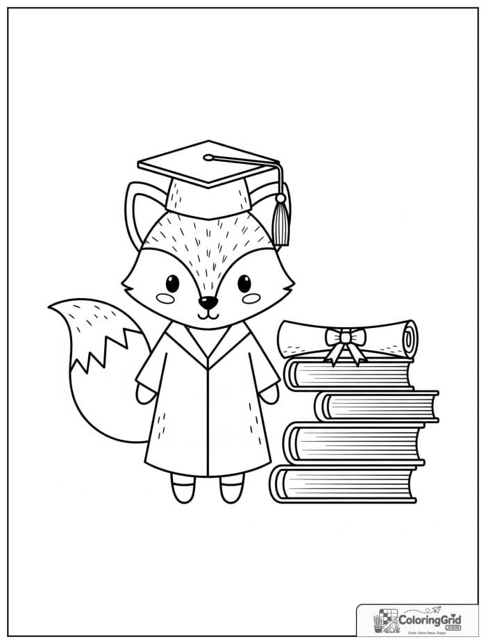 Cute fox graduate with books and diploma.