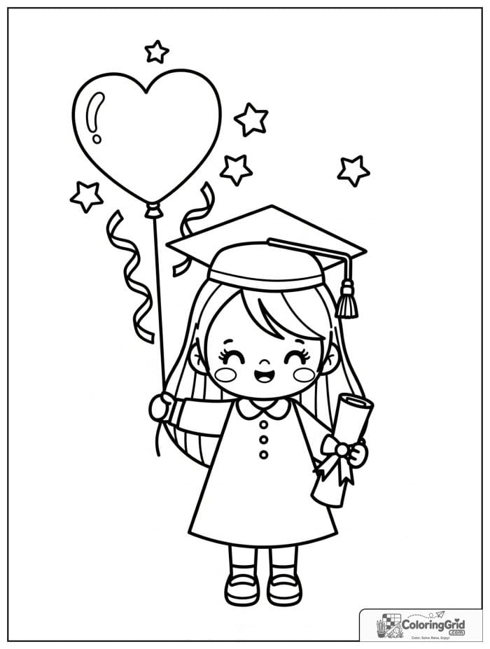 Graduate girl holding a heart balloon and diploma.