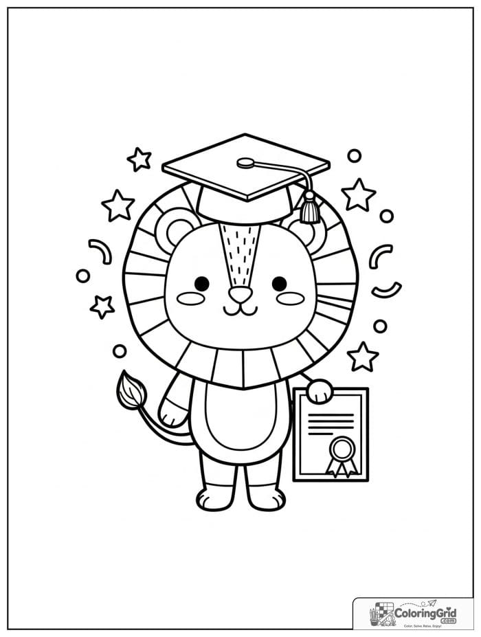 Cute lion graduate holding a certificate.
