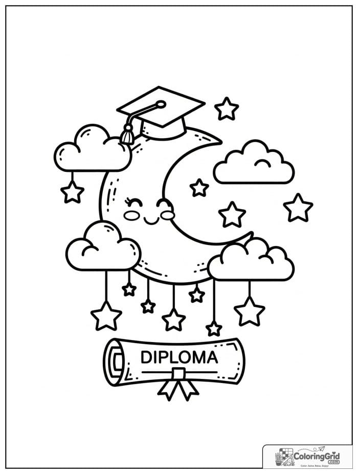 Crescent moon with graduation cap and stars.