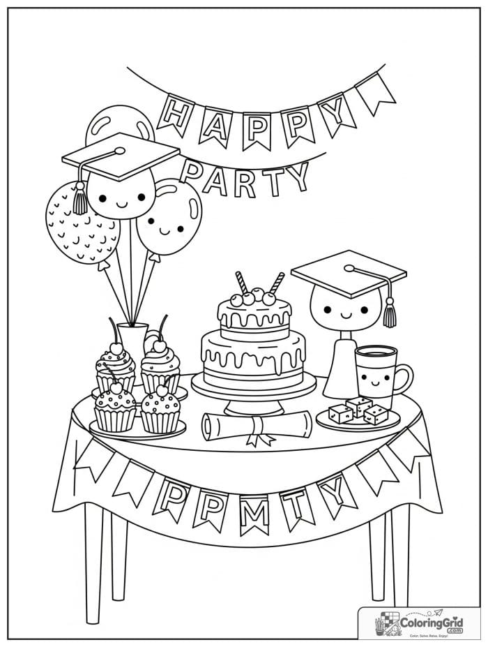 Graduation party table with treats and decorations.