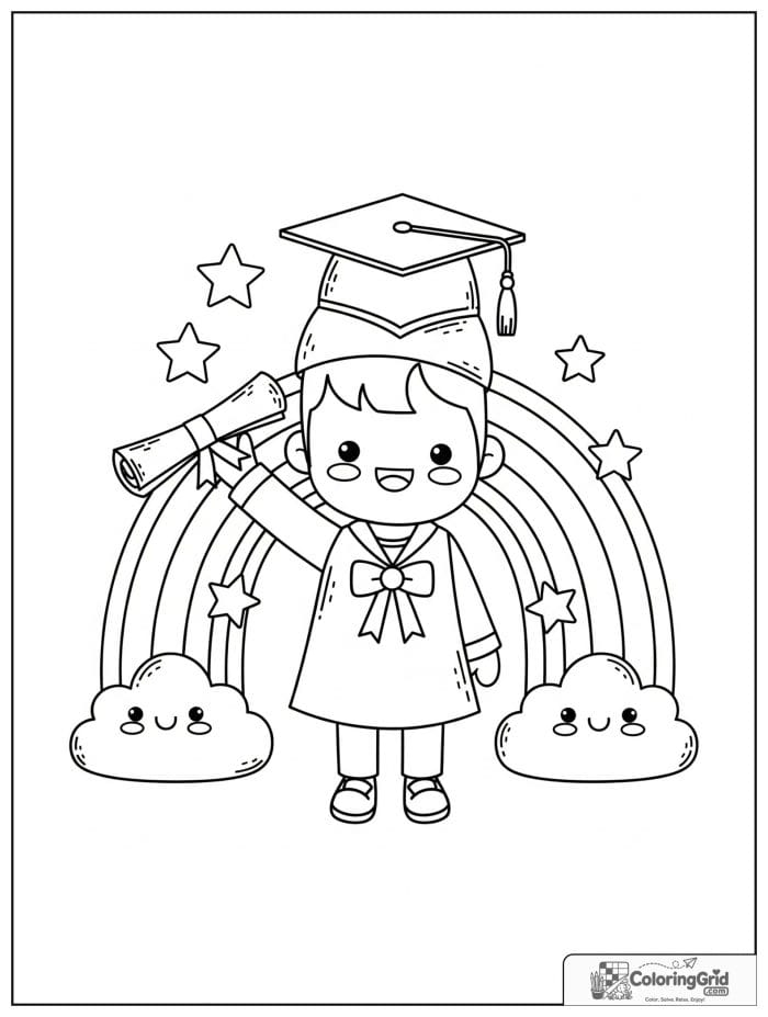 Graduate under a rainbow with diploma and cap.