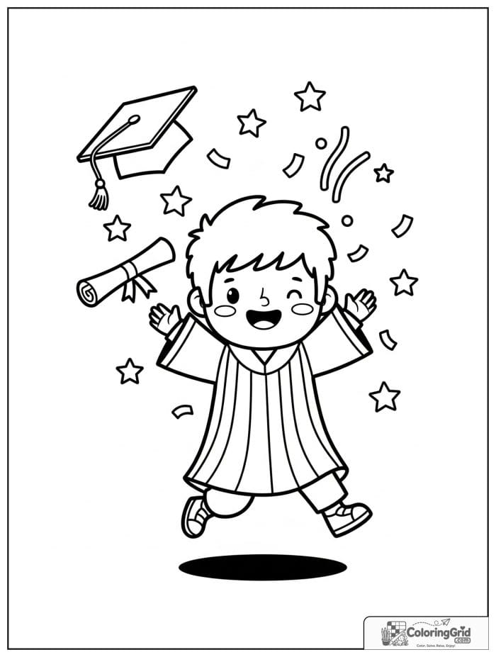 Graduate jumping for joy with diploma and confetti.